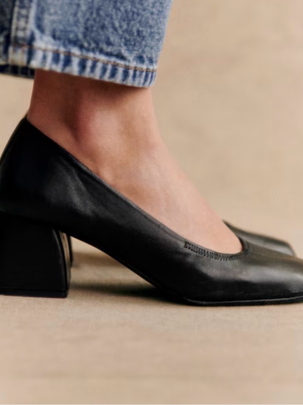 Sezane Black Leather Block Heel Pumps